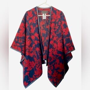BCBGMaxAzria Rudy Wool Blend Blanket Poncho Red / Navy Blue - One Size